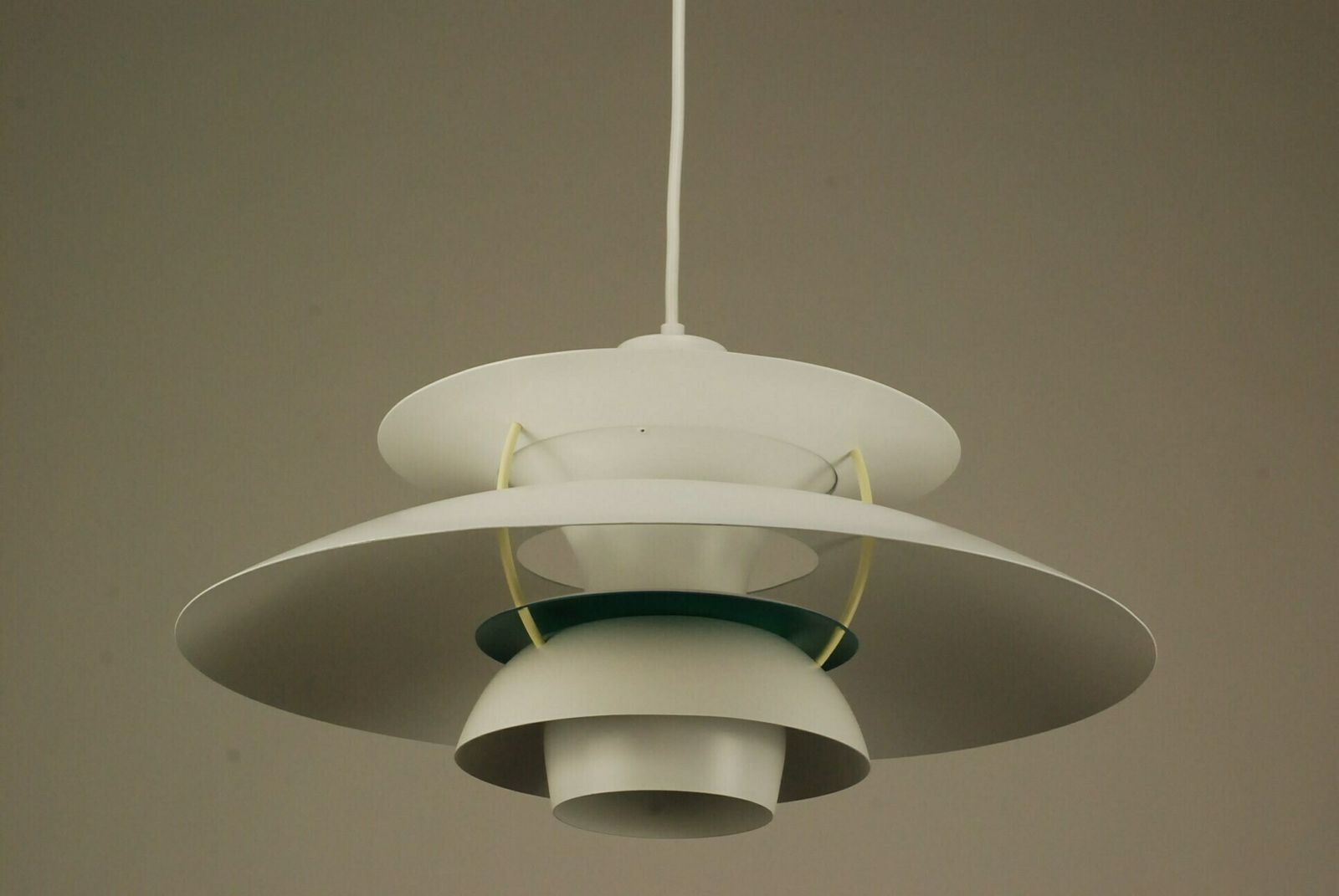 Louis Poulsen Ph5 Pendant Light   Design By Poul Henningsen | 'White With Turquoise Anti Glare Ring' photo Lighting
