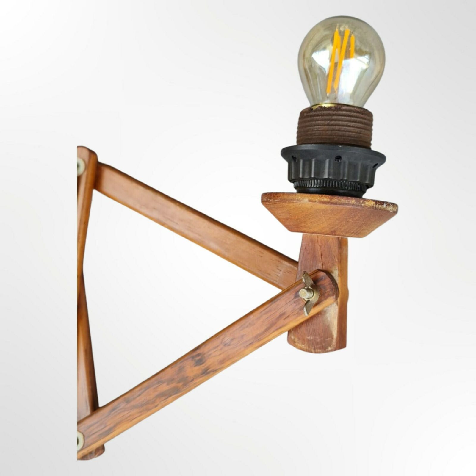 Large Midcentury Teak Wood Scissor Lamp | Made In Denmark | Solid Teak Wood Vintage Wall Lamp | Scandinavian Mid Century Modern Lighting 50s photo vintage