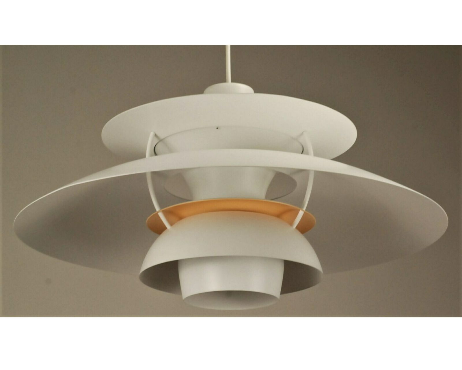Custom Louis Poulsen Ph5 Pendant | Vintage 1970's Refurbished 'White With A Tint Of Pastel Yellow' Poul Henningsen Lamp