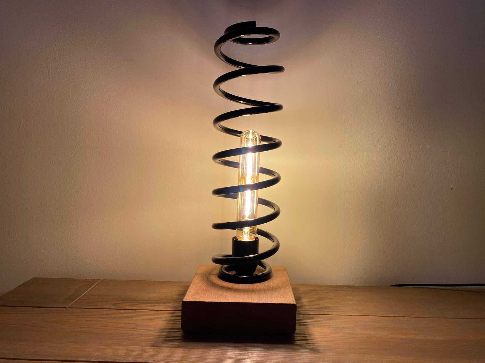 Upcycled Spring Lamp | Made With Black Metal Spring And Wooden Base | Industrial Look | Vintage Desk Lamp, Night Light, Table Lighting photo furniture
