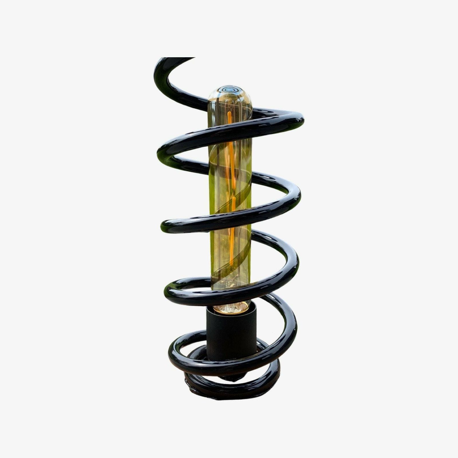 photo for sale Upcycled Spring Lamp | Made With Black Metal Spring And Wooden Base | Industrial Look | Vintage Desk Lamp, Night Light, Table Lighting