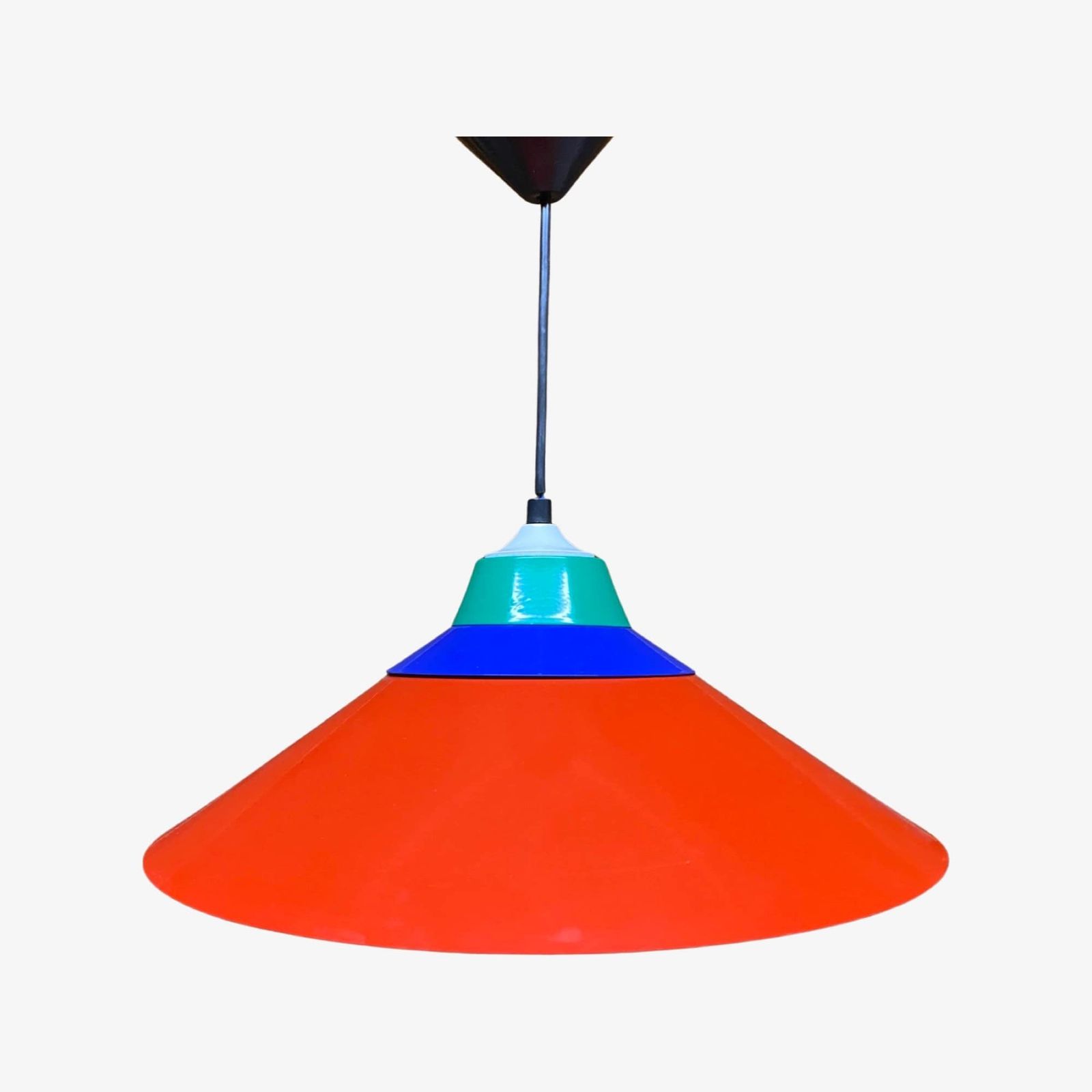 W.L.P. Germany Pendant Designer Light | Memphis Style Red/Blue/Green Metal Hanging Lamp | Mid Century Modern Lighting 1980s photo furniture