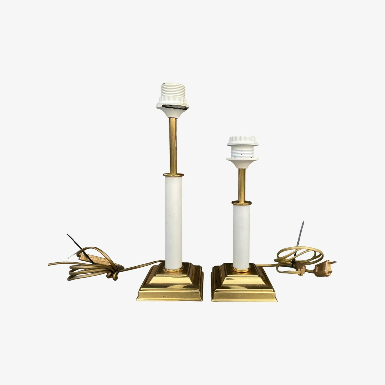 Set Vntg Brass Lamp Bases | Gold Colored Brass Metal & White Coated Metal | Add Your Own Shade | Set Mid Century Modern Night Lights photo furniture