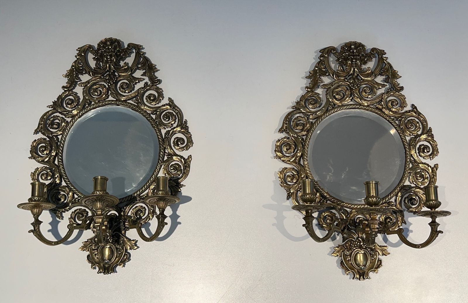 Important Pair Of Louis XIV Style Sconces In Bronze And Mirror photo for sale