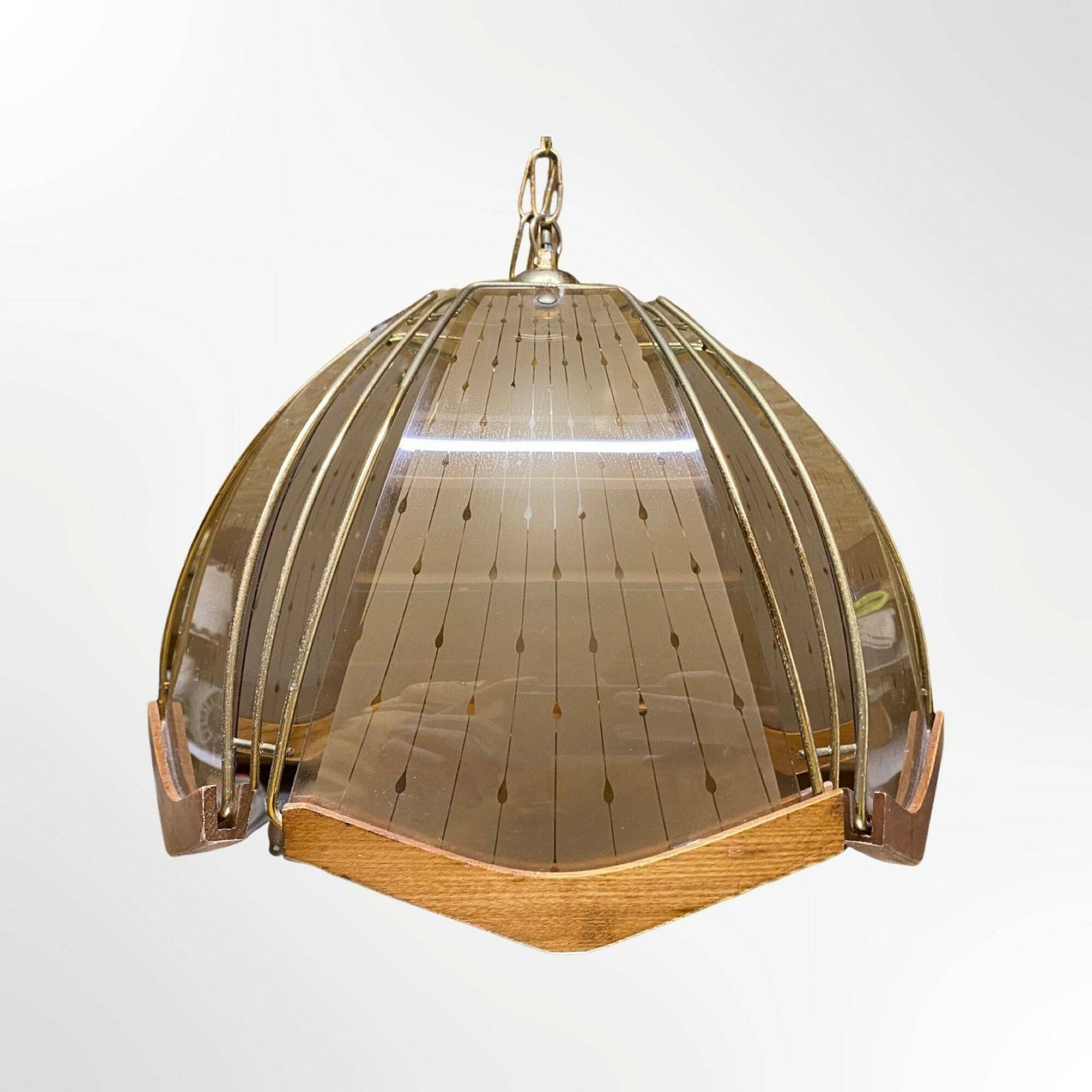 Vintage Pendant Teak Wood, Glass & Brass Metal Materials | Hollywood Regency Style | Mid Century Modern Pendant Lighting | 1960s, 1970s