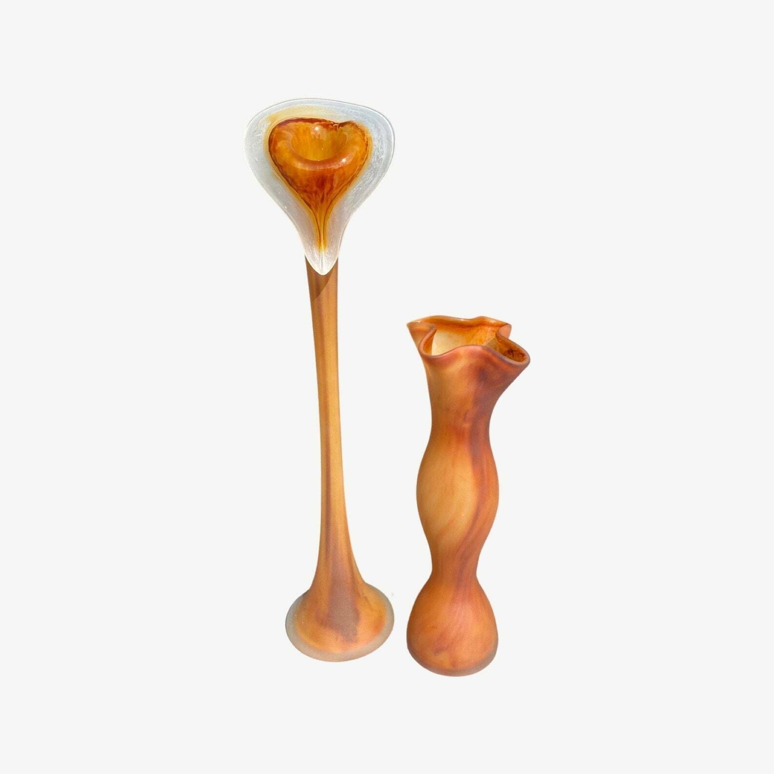 Rare Old Hand Blown Glass Sculptures | Set Of 2 Orange Handblown Home Decor Vases | Matte Outside / Shiny Inside