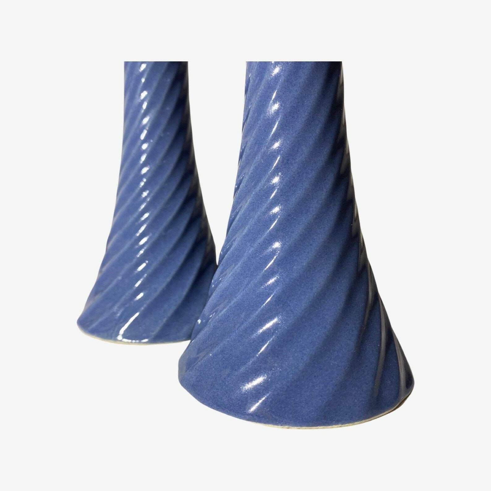 60s Babyblue Candlestick Holders | Set Of 2 Handmade Vintage Candle Holders From Denmark | Amazing Spiral Ceramic Pattern Midcentury Design photo for sale