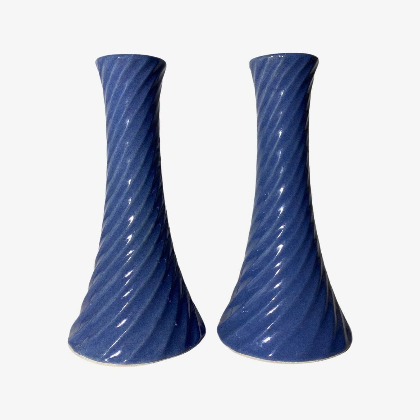 60s Babyblue Candlestick Holders | Set Of 2 Handmade Vintage Candle Holders From Denmark | Amazing Spiral Ceramic Pattern Midcentury Design photo buy