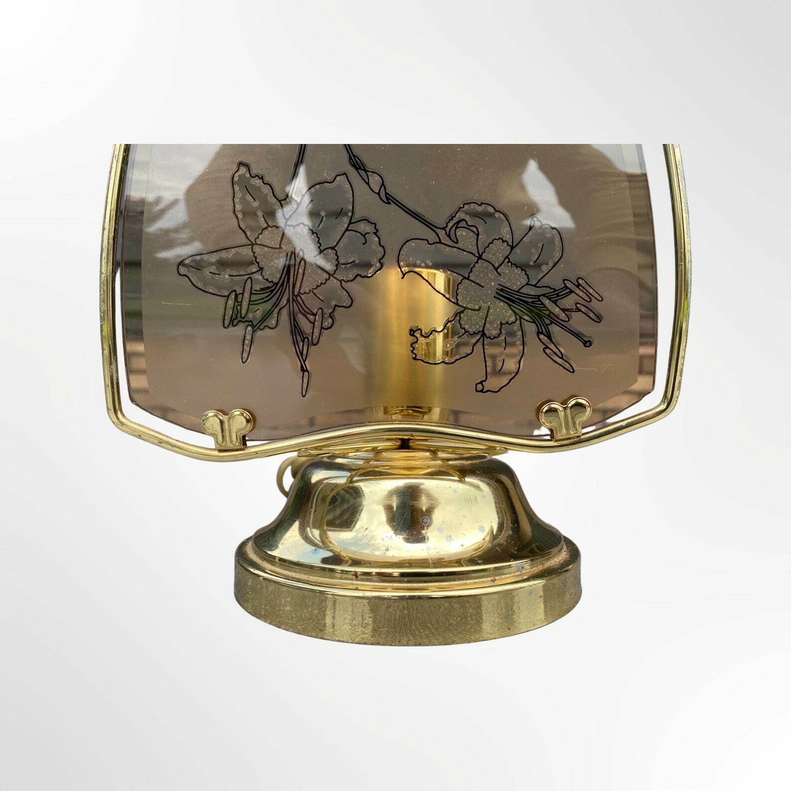 Vntg Sailboat Lamp | Mid Century Modern Light Made Of Brass And Glass | Flower Pattern Glass | Vintage Desk Lamp | Vintage Table Lamp 1960s photo vintage
