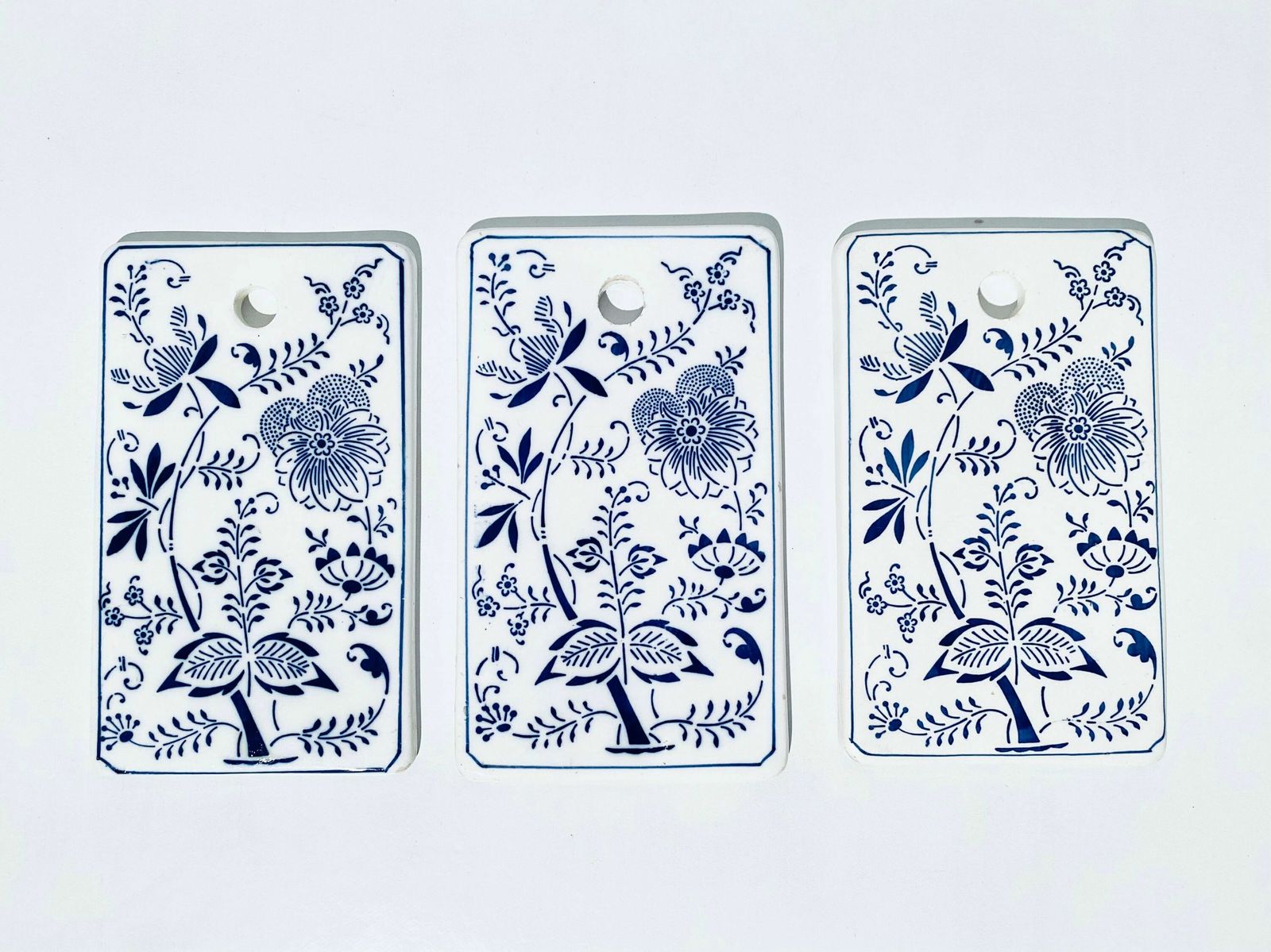 Three White & Blue Ceramic Tile Pot Set With Floral Motif / Vintage Decor photo Home Fixtures