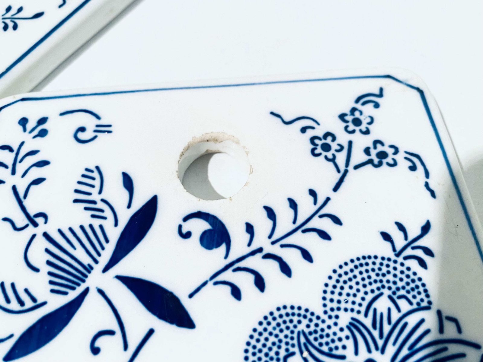 Three White & Blue Ceramic Tile Pot Set With Floral Motif / Vintage Decor photo 64.0