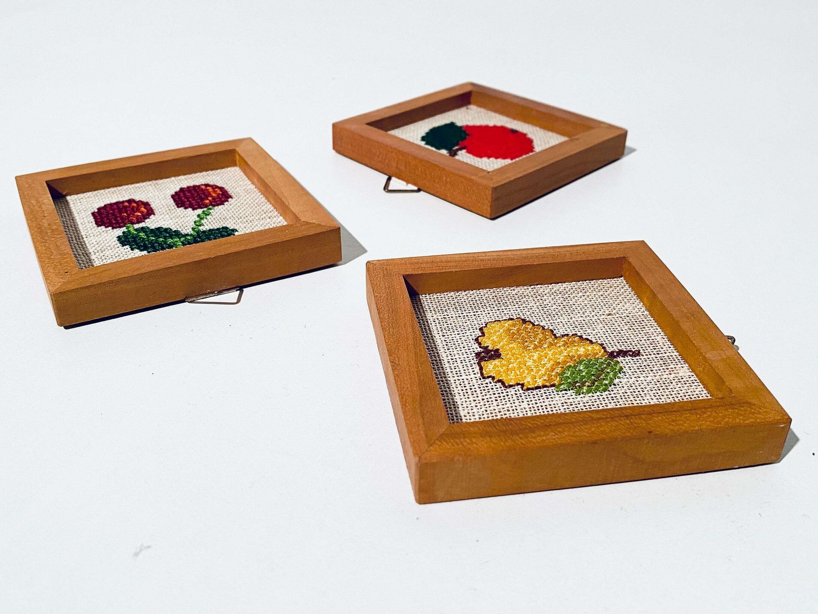 Three Stitched Pictures Set With Fruit Motifs / Handmade Vintage Wall Decor 1960s photo buy
