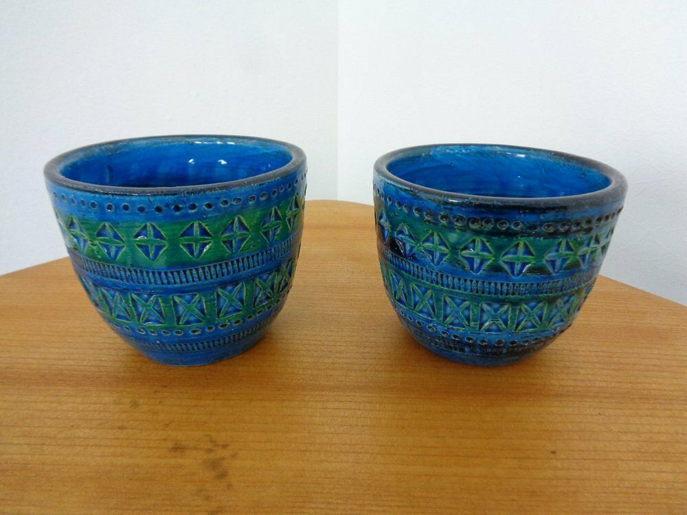 Italian Rimini Blue Ceramic Cachepots By Aldo Londi For Bitossi, 1960s, Set Of 2