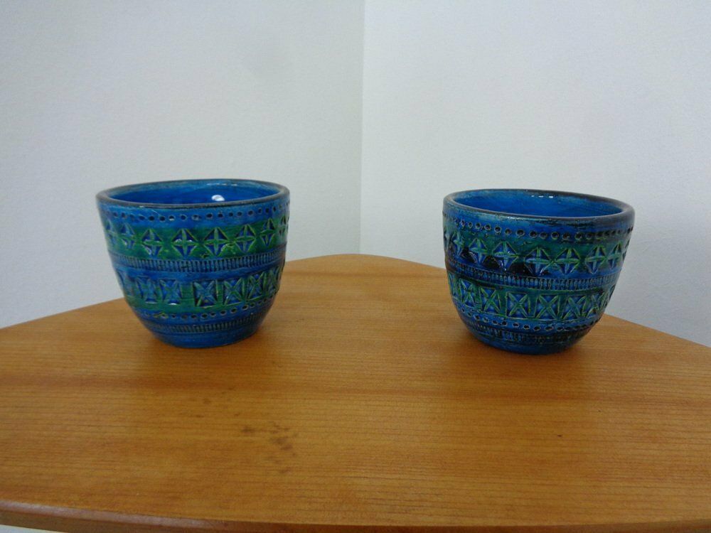 Italian Rimini Blue Ceramic Cachepots By Aldo Londi For Bitossi, 1960s, Set Of 2 photo furniture