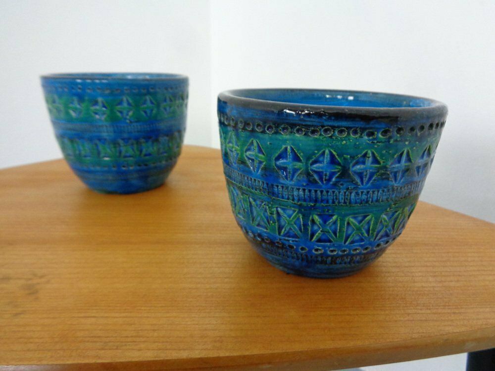 Italian Rimini Blue Ceramic Cachepots By Aldo Londi For Bitossi, 1960s, Set Of 2 photo 240.0