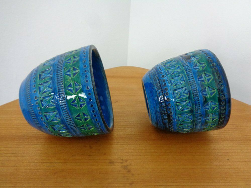 photo vinterior Italian Rimini Blue Ceramic Cachepots By Aldo Londi For Bitossi, 1960s, Set Of 2