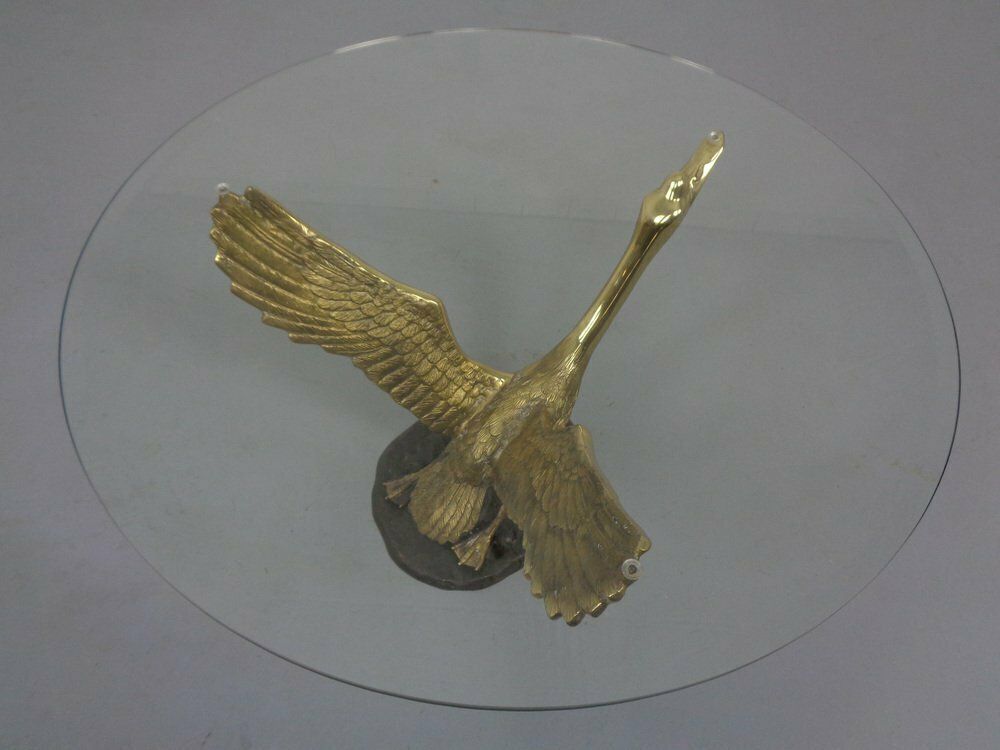 French Swan Coffee Table In Brass And Glass, 1960s photo vintage