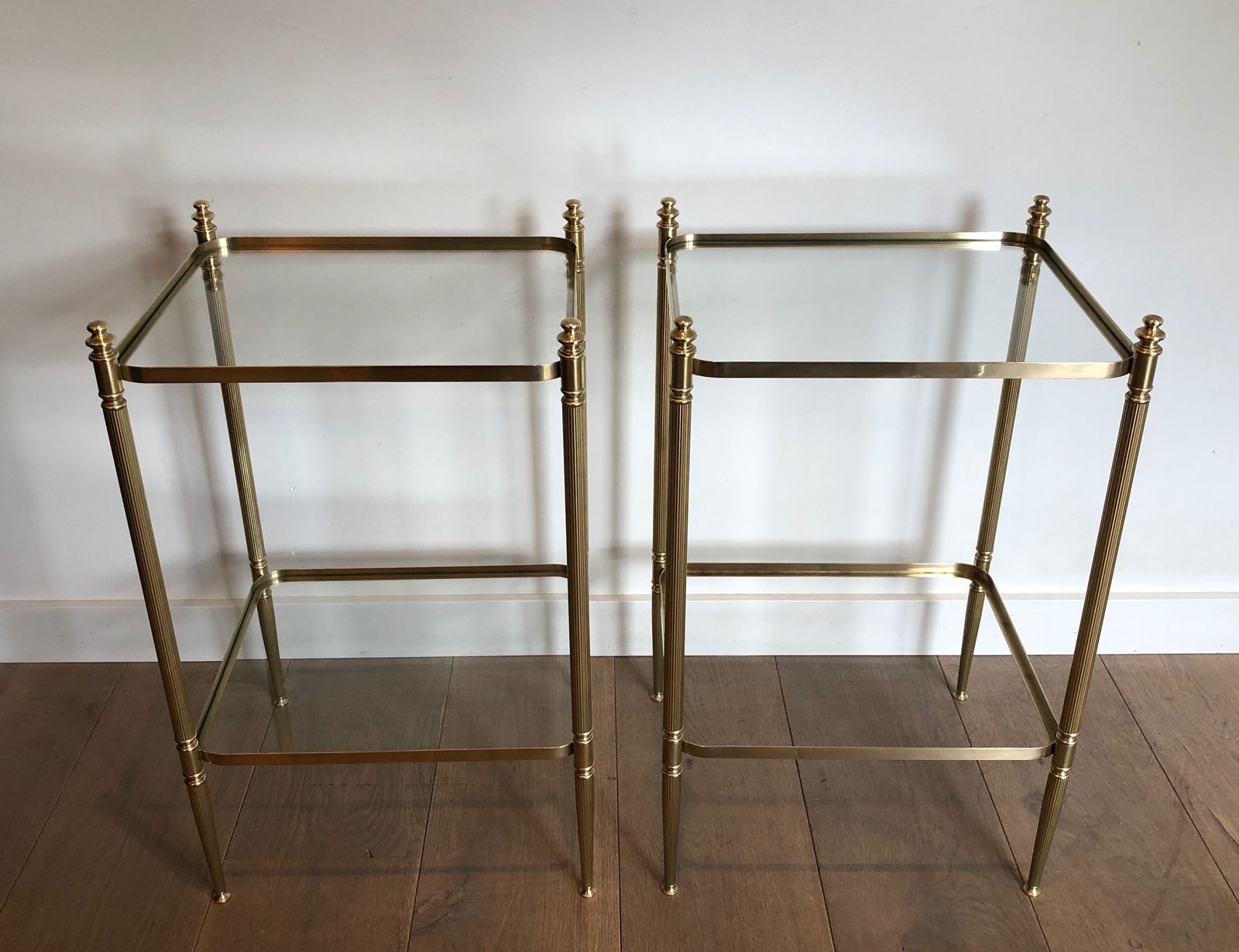 Pair Of Neoclassical Style Brass Side Tables In The Style Of Maison Jansen photo for sale