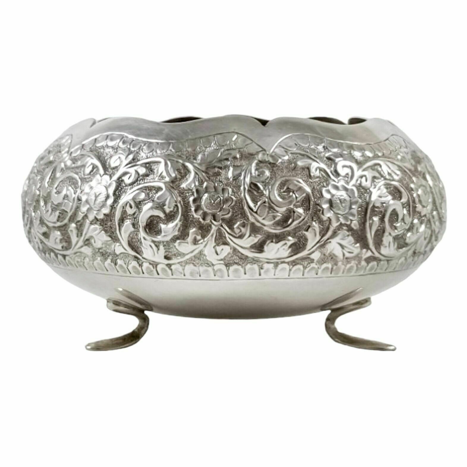Indian Kutch Sterling Silver Tri Foot Round Sugar Bowl Embossed Flowers, Foliage photo Home Decor