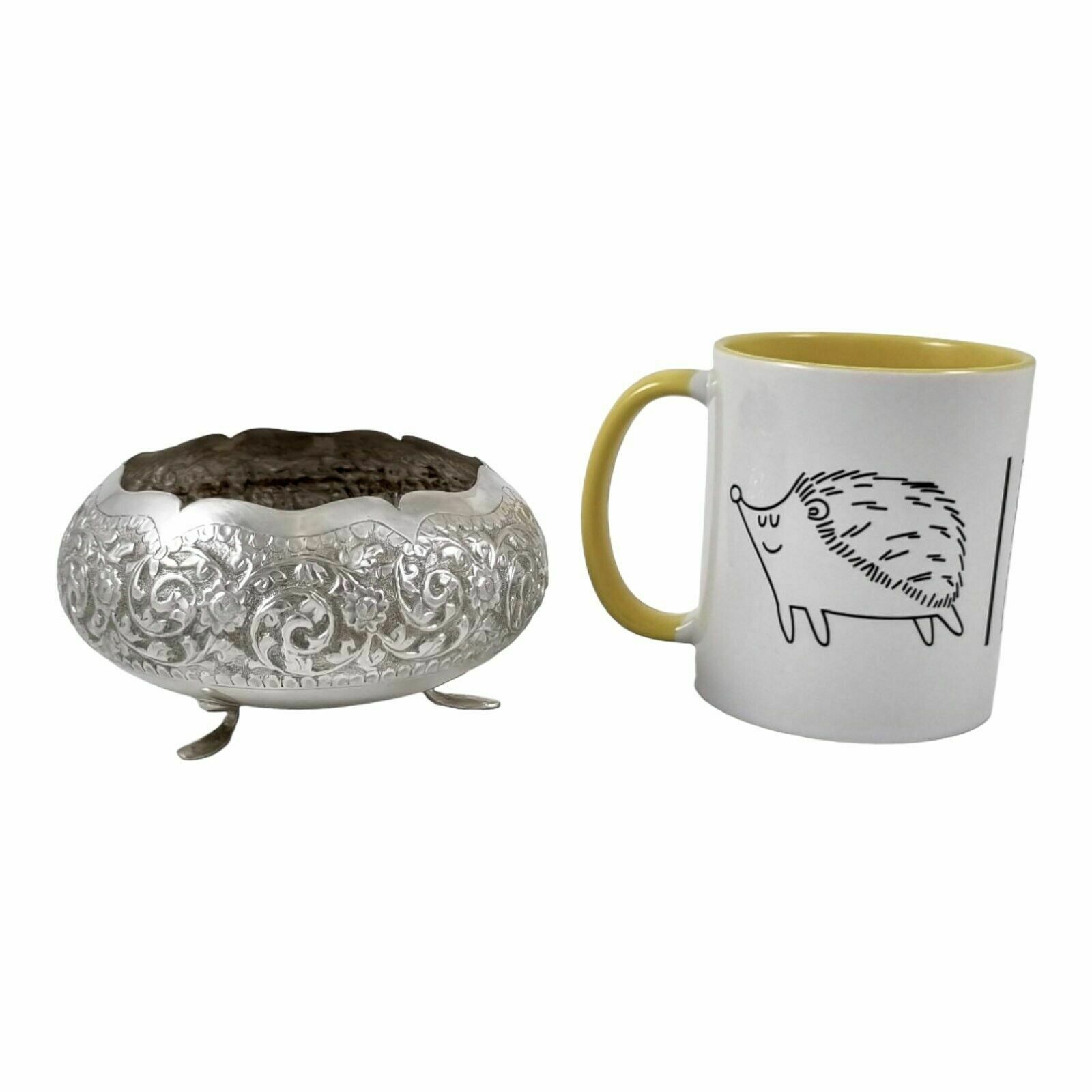 Indian Kutch Sterling Silver Tri Foot Round Sugar Bowl Embossed Flowers, Foliage photo buy