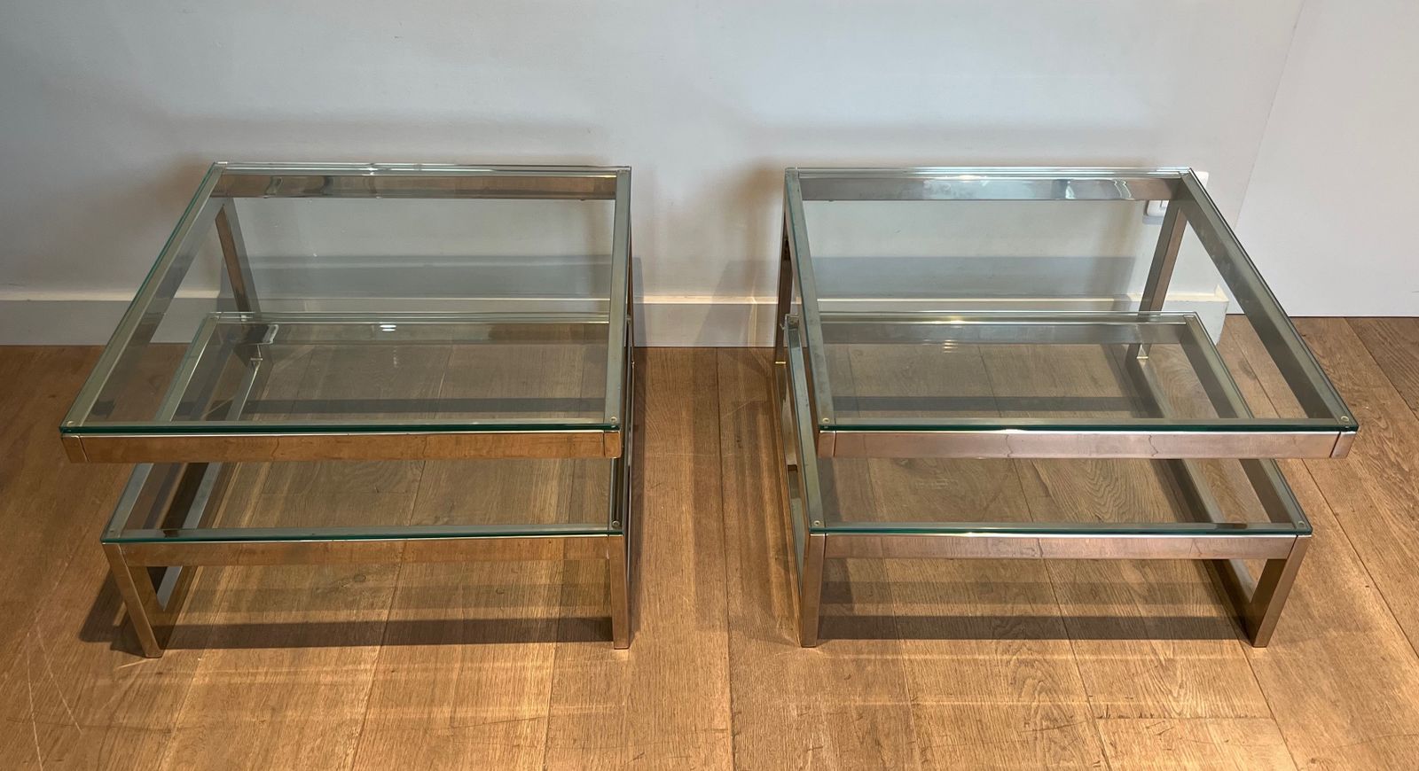 Pair Of Chrome Design Side Tables With Double Glass Slab photo Furniture
