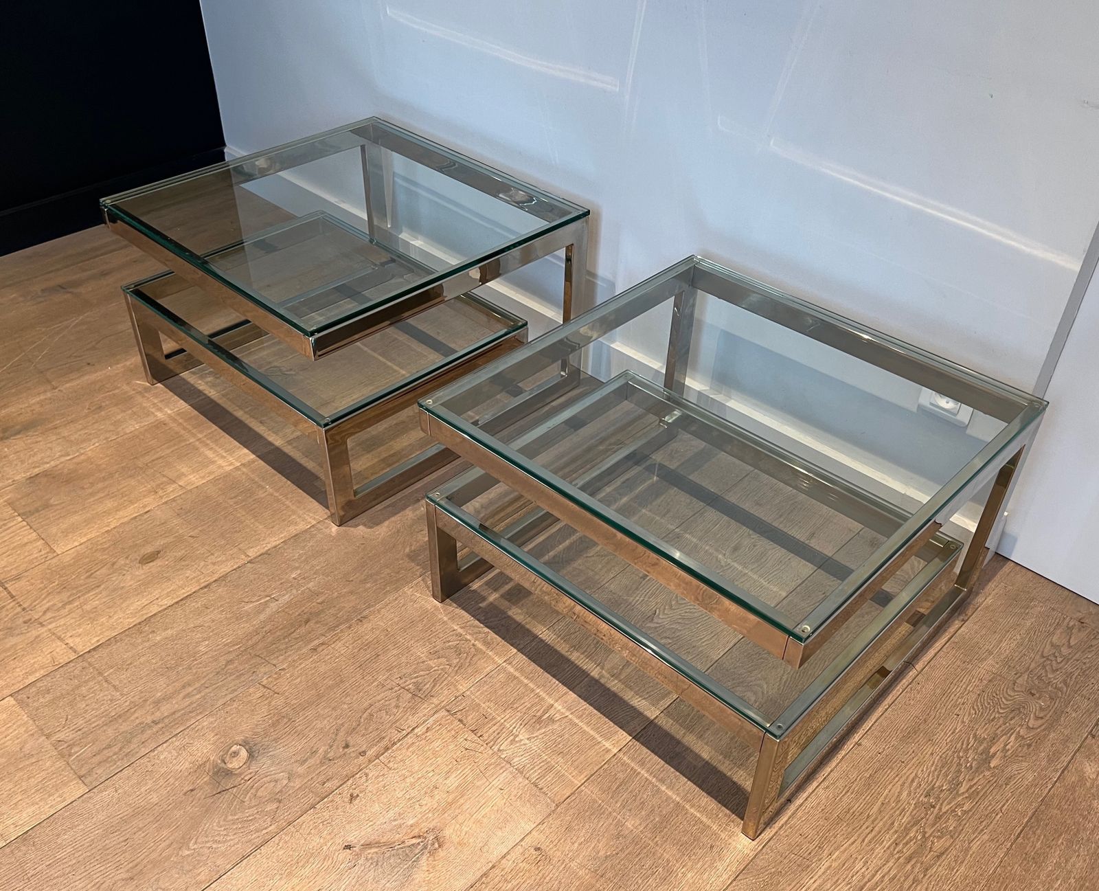 Pair Of Chrome Design Side Tables With Double Glass Slab photo 4850.0
