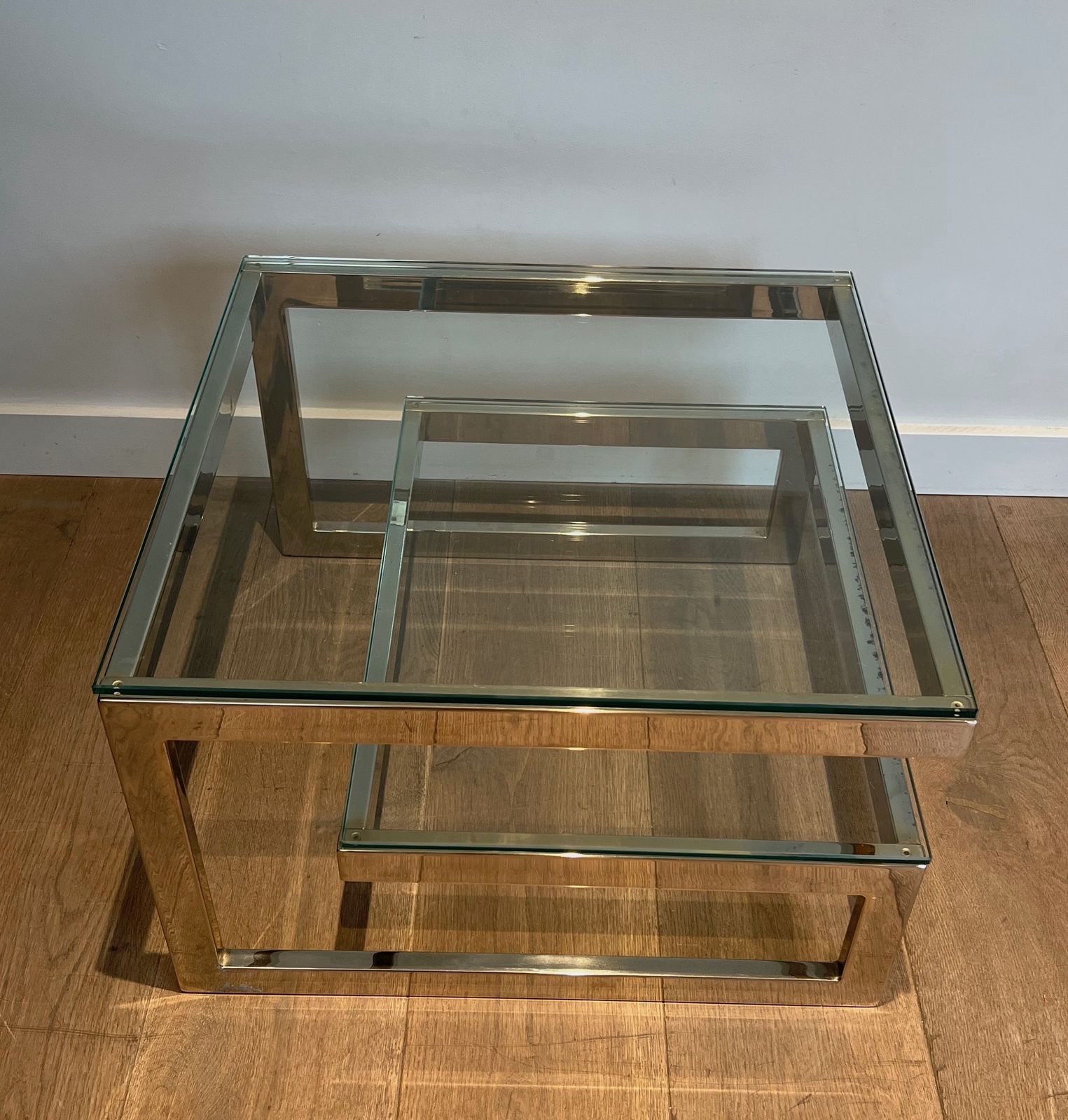 Pair Of Chrome Design Side Tables With Double Glass Slab photo buy