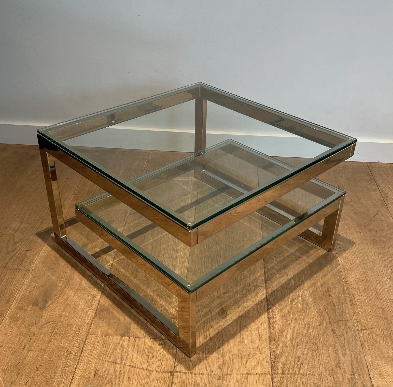 Pair Of Chrome Design Side Tables With Double Glass Slab photo vintage