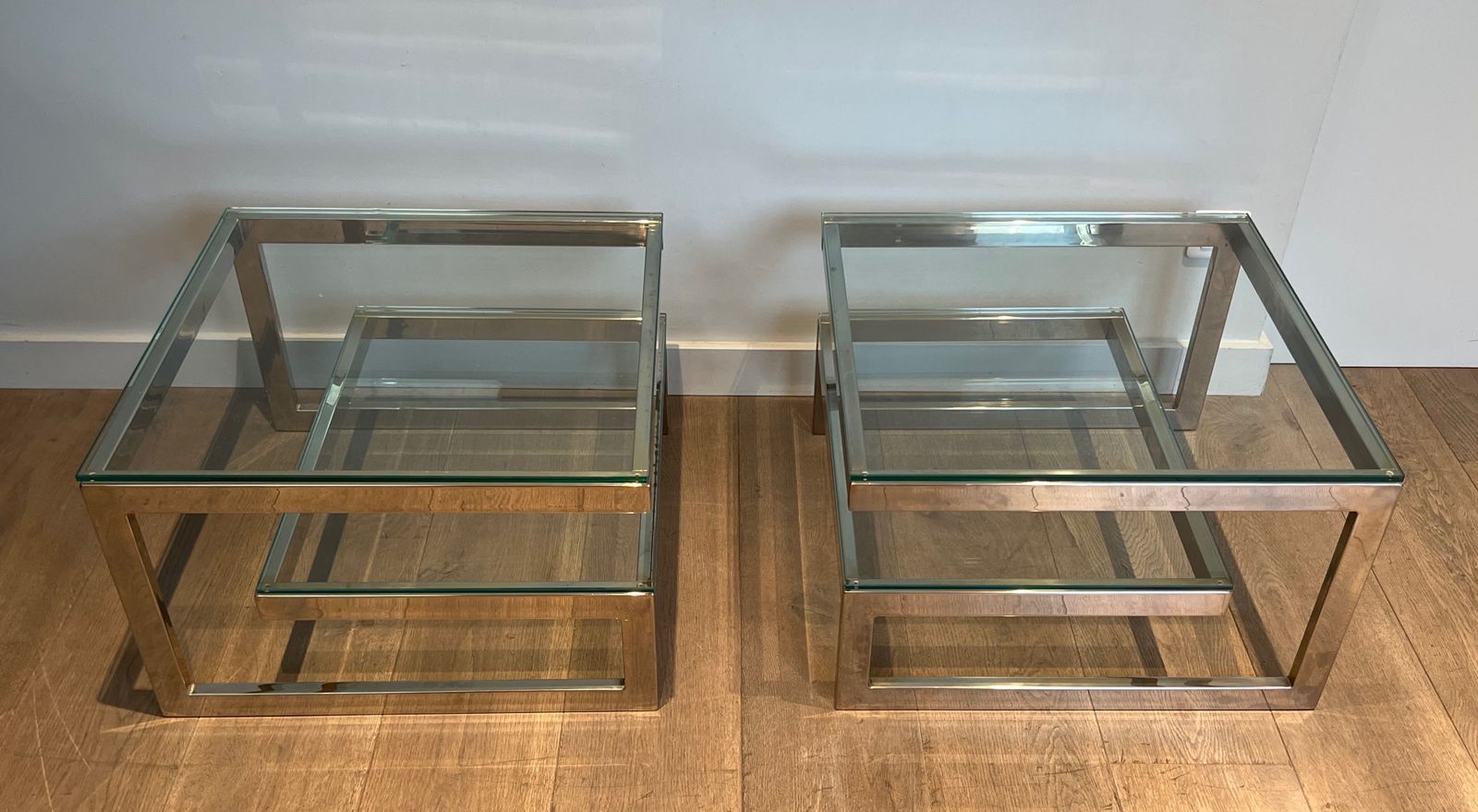 4850.0 Pair Of Chrome Design Side Tables With Double Glass Slab photo