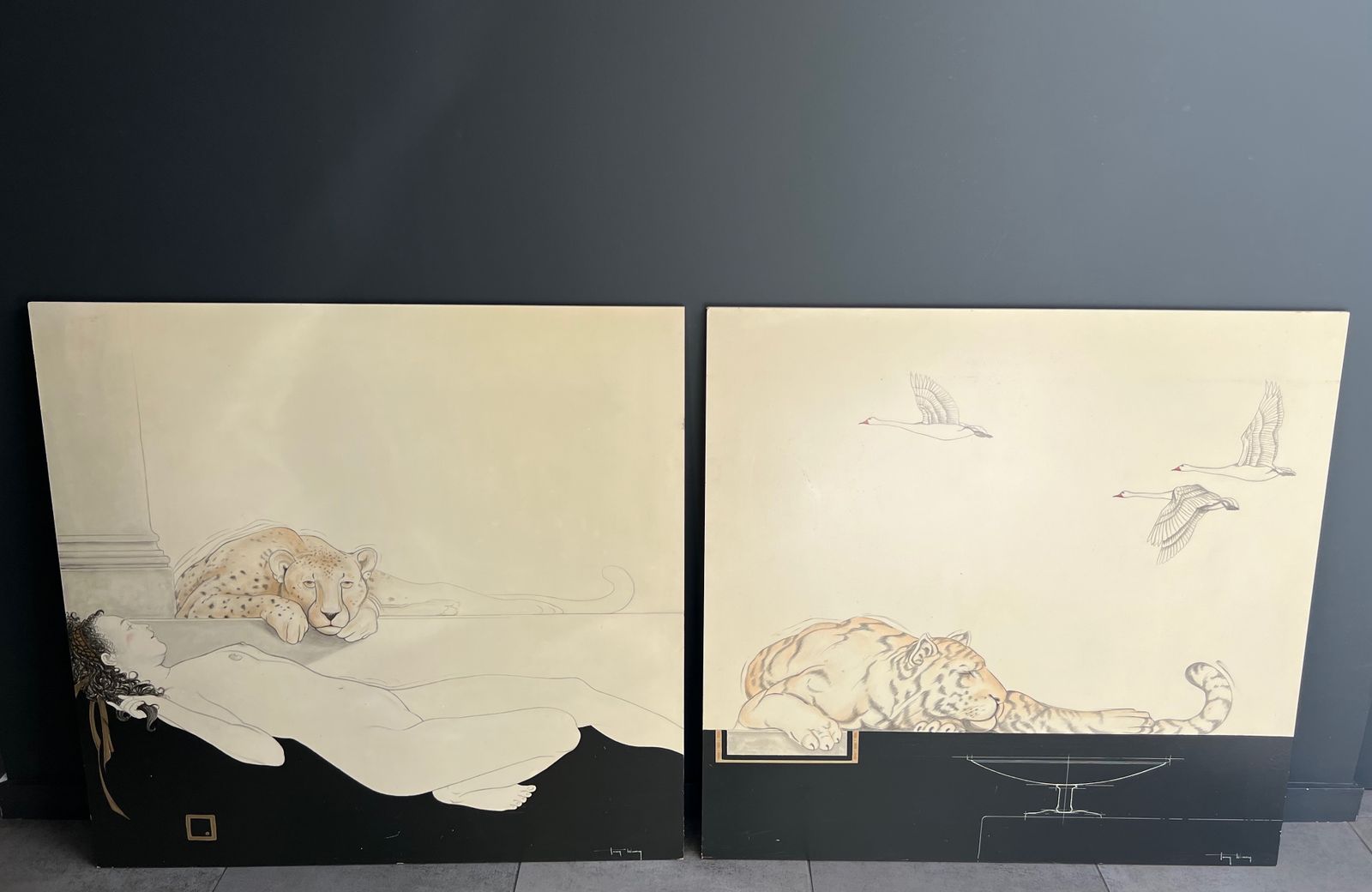 photo for sale Pair Of Large Decorative Gouaches Signed Tony Warren