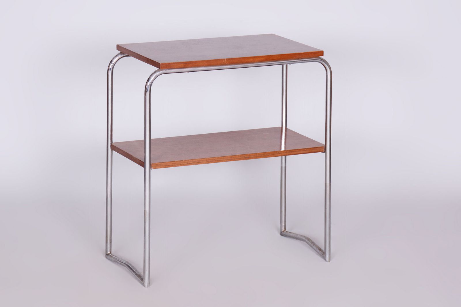 Restored Bauhaus Side Table, Hynek Gottwald, Walnut, Chrome, Czechia, 1930s