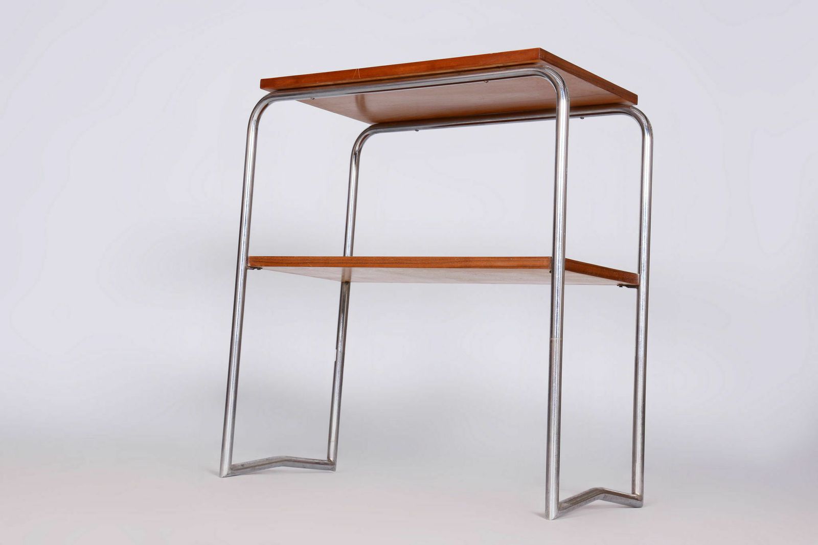Restored Bauhaus Side Table, Hynek Gottwald, Walnut, Chrome, Czechia, 1930s photo furniture