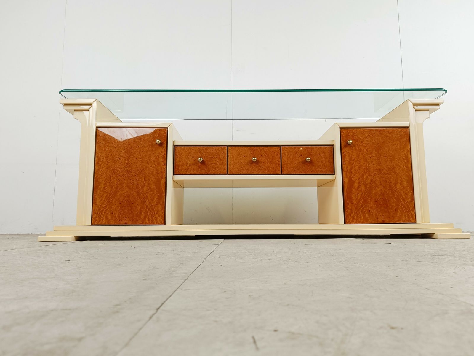Vintage Lacquer And Burl Wood Credenza, 1980s