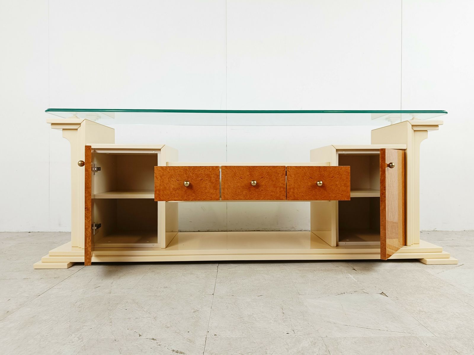photo furniture Vintage Lacquer And Burl Wood Credenza, 1980s