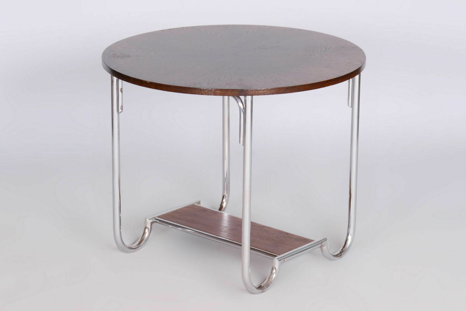Restored Bauhaus Oak Small Round Table, Chrome Plated Steel, Czechia, 1930s