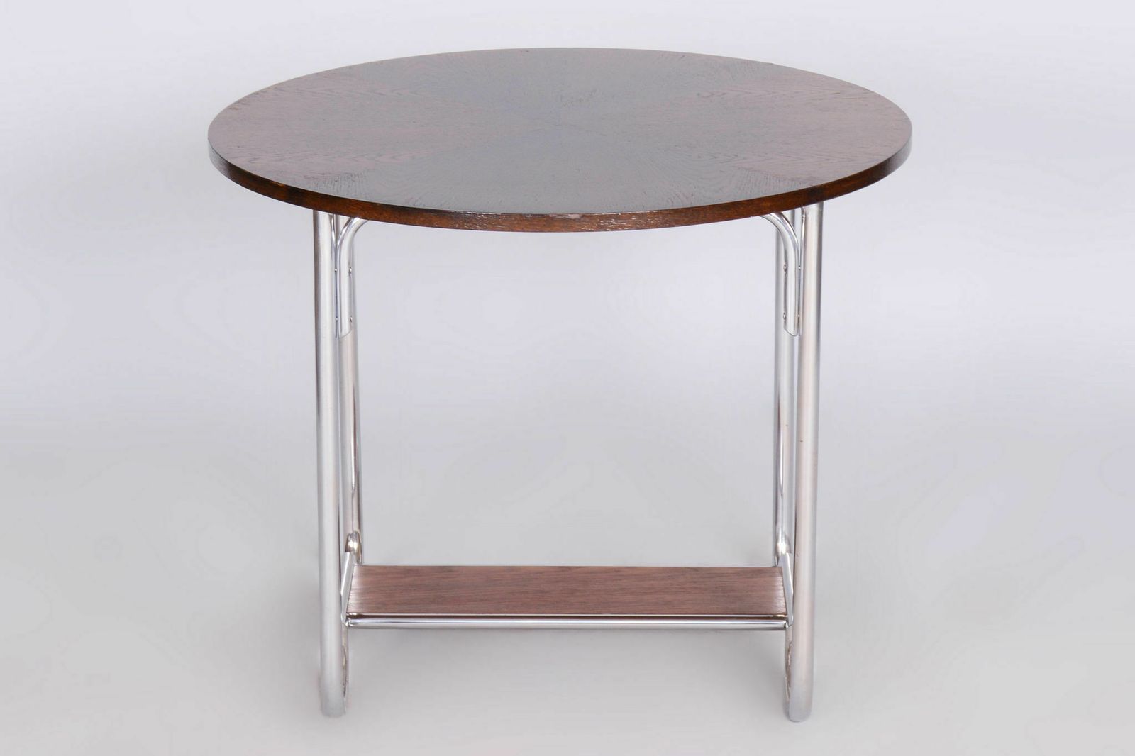 Restored Bauhaus Oak Small Round Table, Chrome Plated Steel, Czechia, 1930s photo vintage