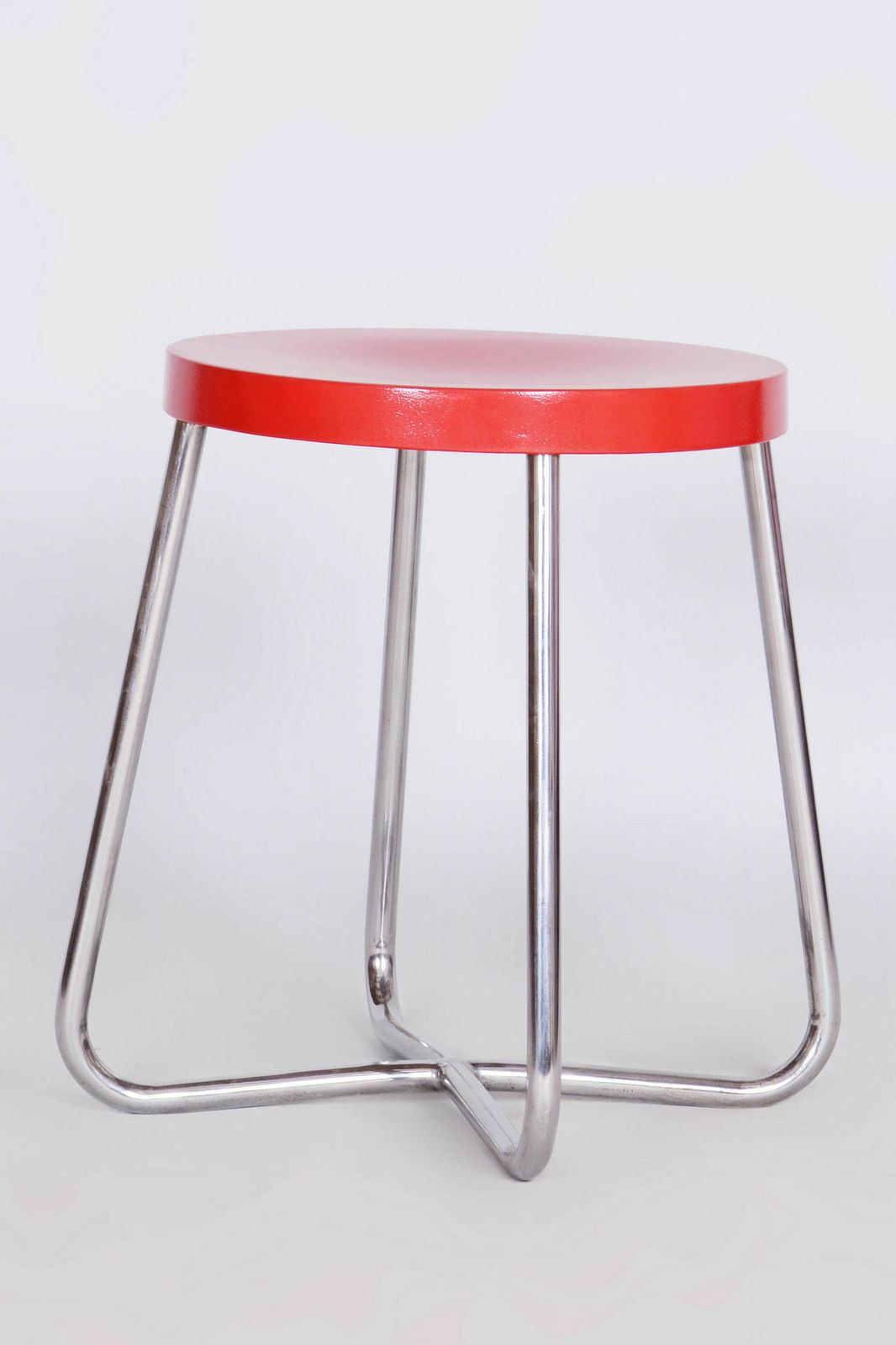 Restored Bauhaus Beech Stool, Chrome Plated Steel, Revived Polish, Czechia, 1930s photo Furniture