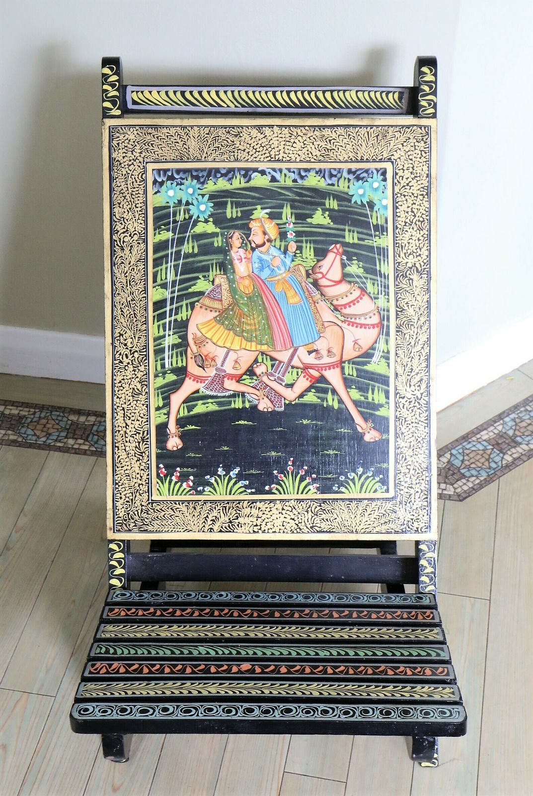 Vintage Indian Decorative Low Chair Hand Painted Rajasthani Art Late 20th Century photo for sale