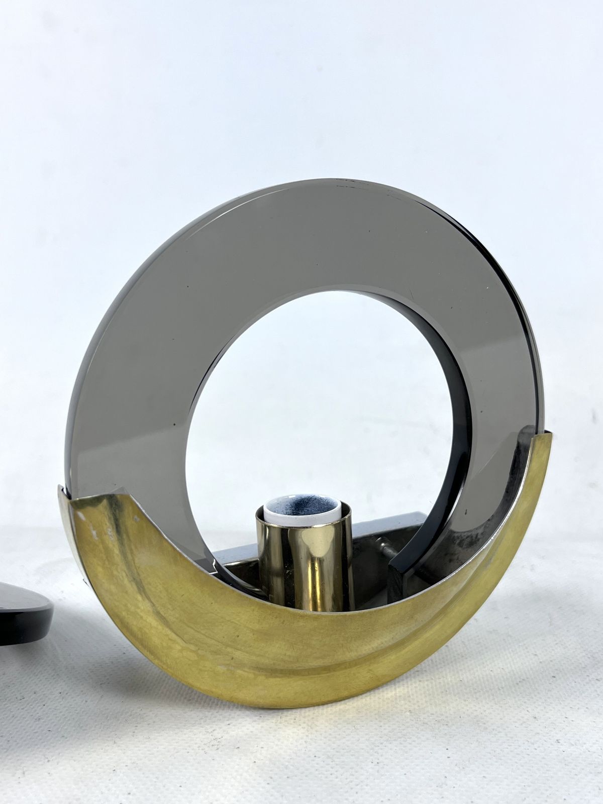 Mid Century Modern Pair Of Brass And Thick Smoked Glass Sconces. Italy 1970s photo buy