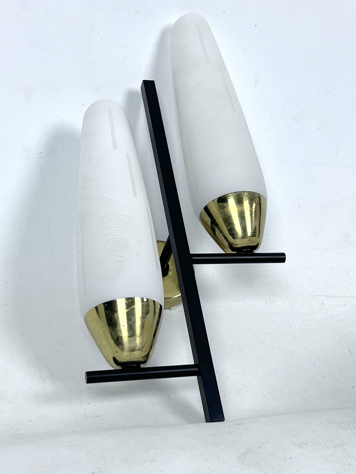 Mid Century Pair Of Double Lights Sconces In Brass And Opaline Glass. Italy 1950s photo vinterior