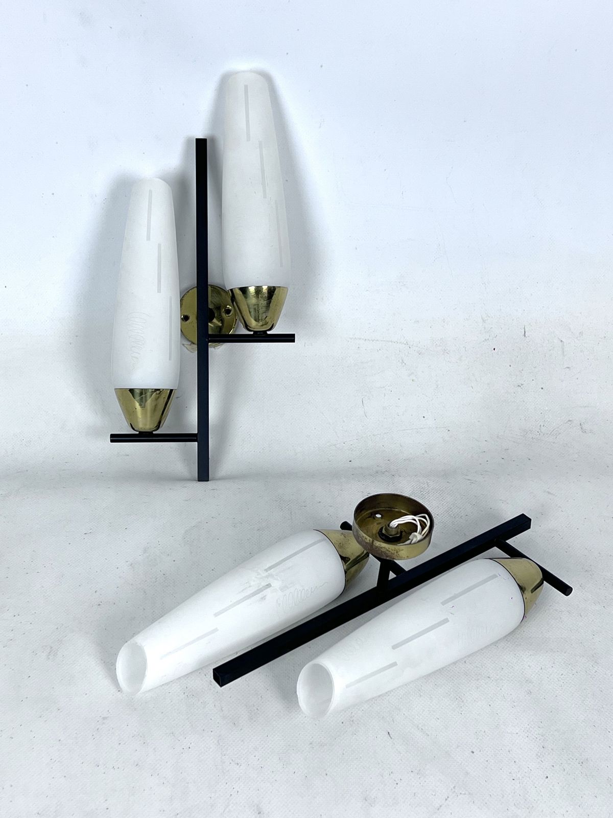 photo for sale Mid Century Pair Of Double Lights Sconces In Brass And Opaline Glass. Italy 1950s