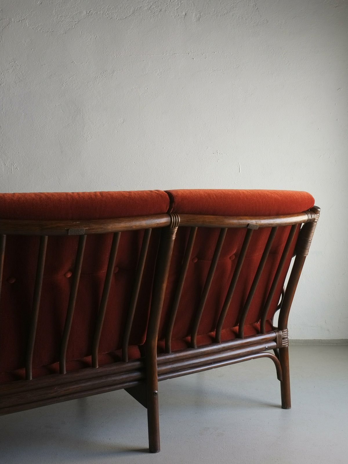 Dark Rattan Sofa | 3 Seater Bamboo Daybed | Red Velour | Vintage photo Furniture