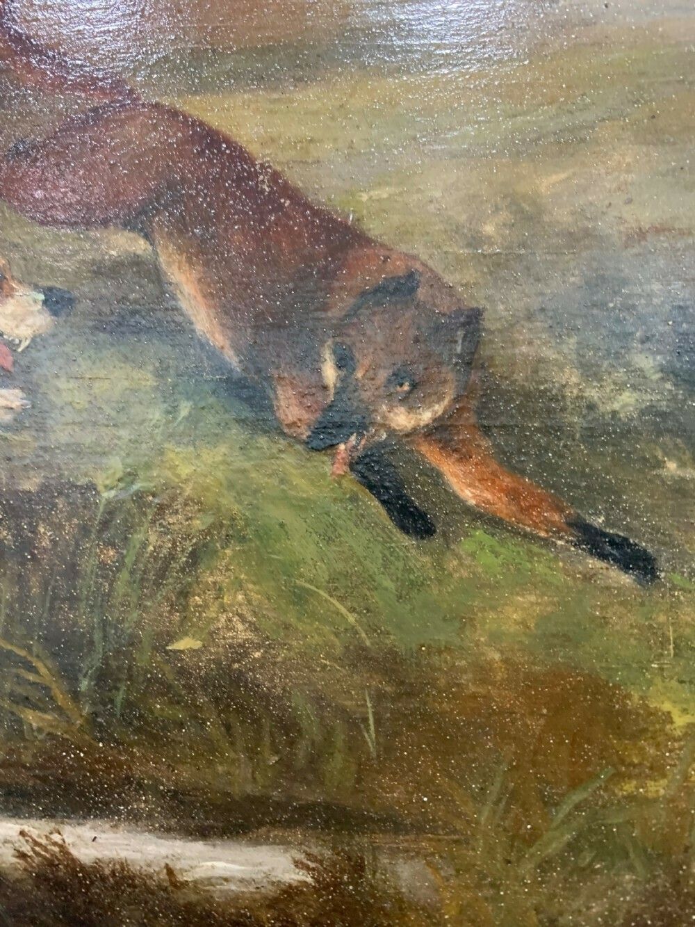 Hunting Scene Oil On Canvas “The Pursuit” Hounds And Fox, Early 19th Century photo Art