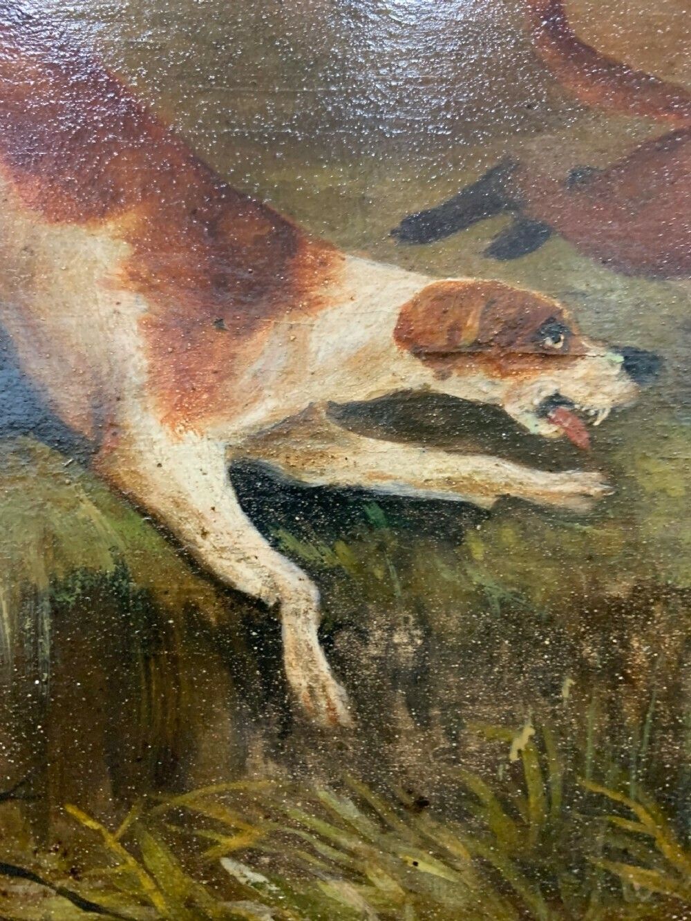 Hunting Scene Oil On Canvas “The Pursuit” Hounds And Fox, Early 19th Century photo vinterior