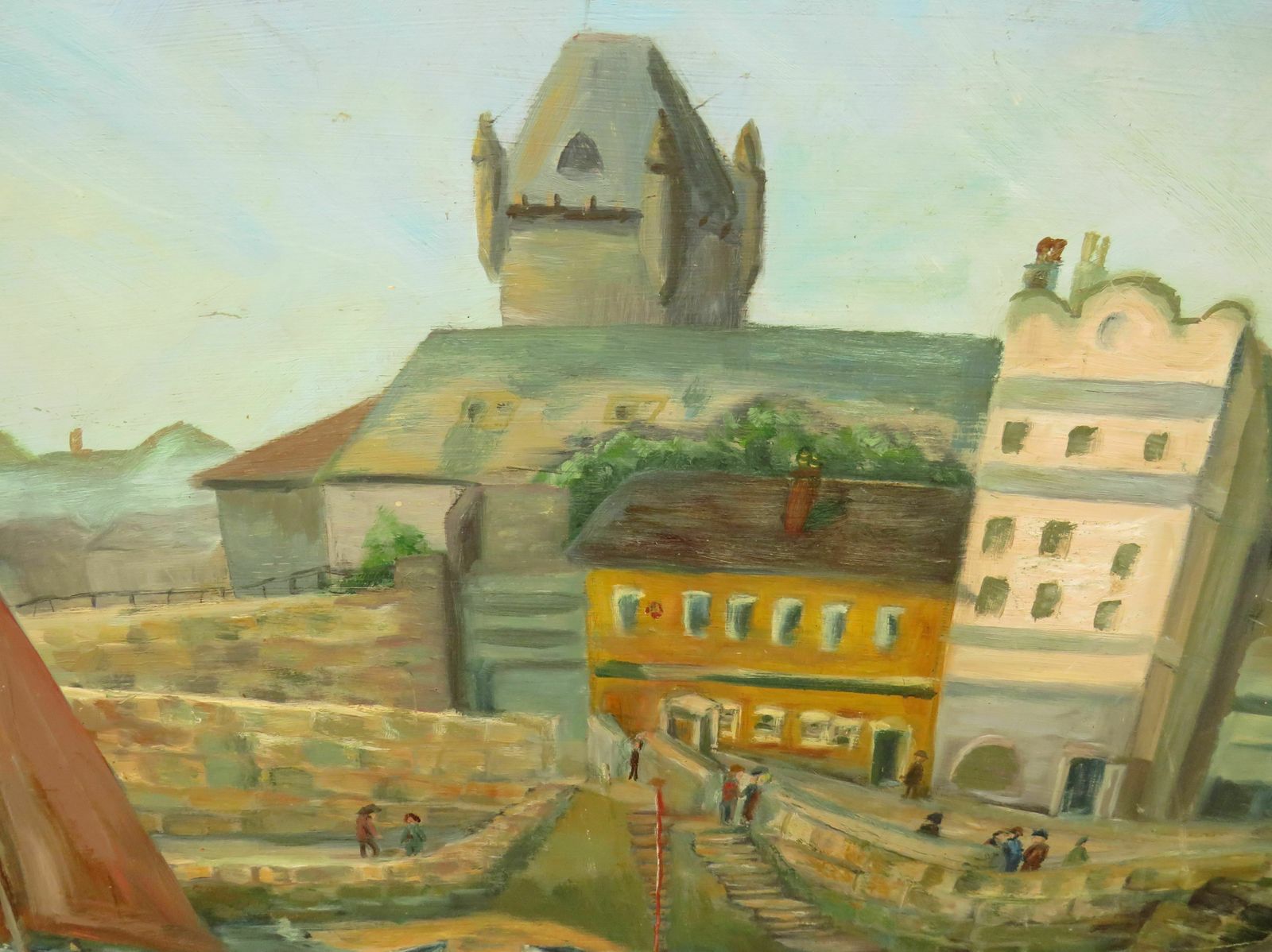 Vintage Naive Acrylic On Board Of Boats And Harbour photo furniture