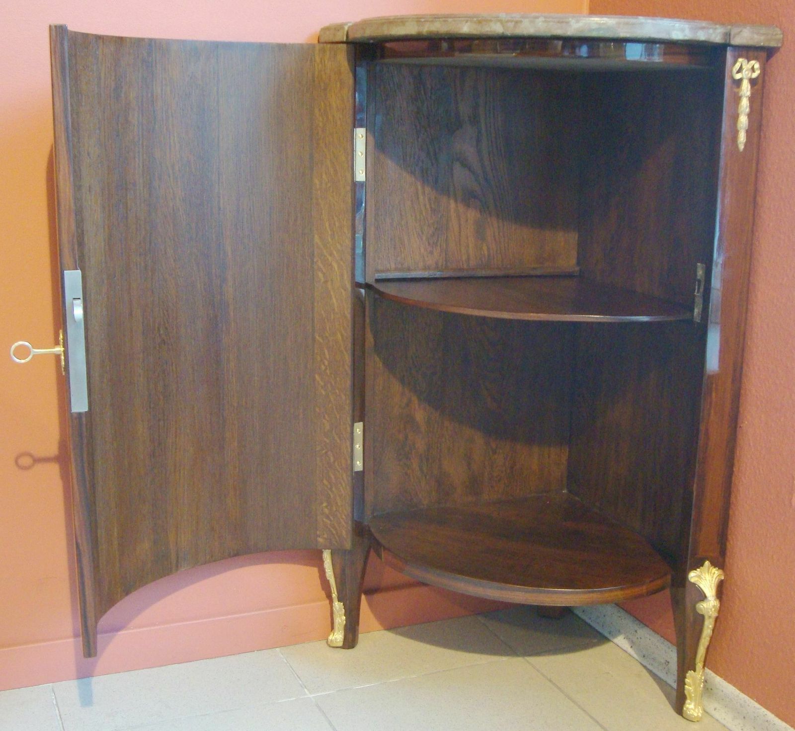 Corner Cabinet With Intarsia, Europe, Late 18th Century, Oak With Walnut Veneer, Marble, Gilt Bronze, 82.5x39x39 Cm photo for sale