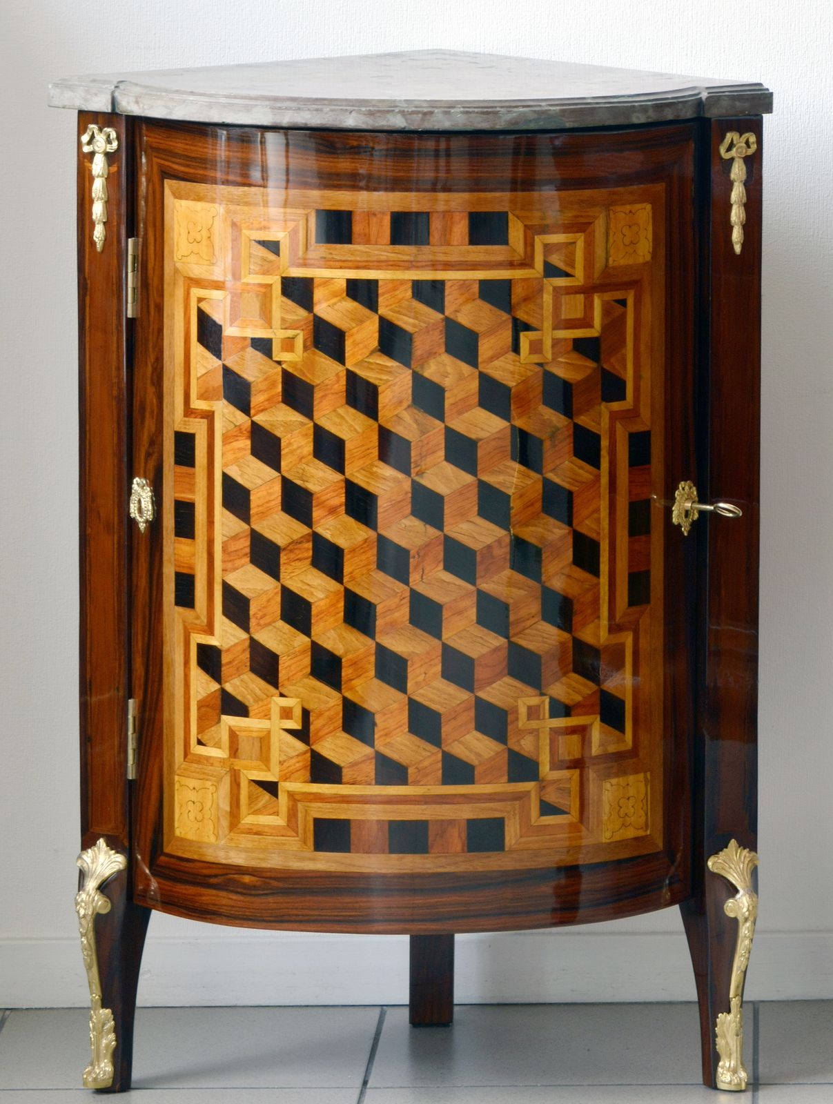 Corner Cabinet With Intarsia, Europe, Late 18th Century, Oak With Walnut Veneer, Marble, Gilt Bronze, 82.5x39x39 Cm