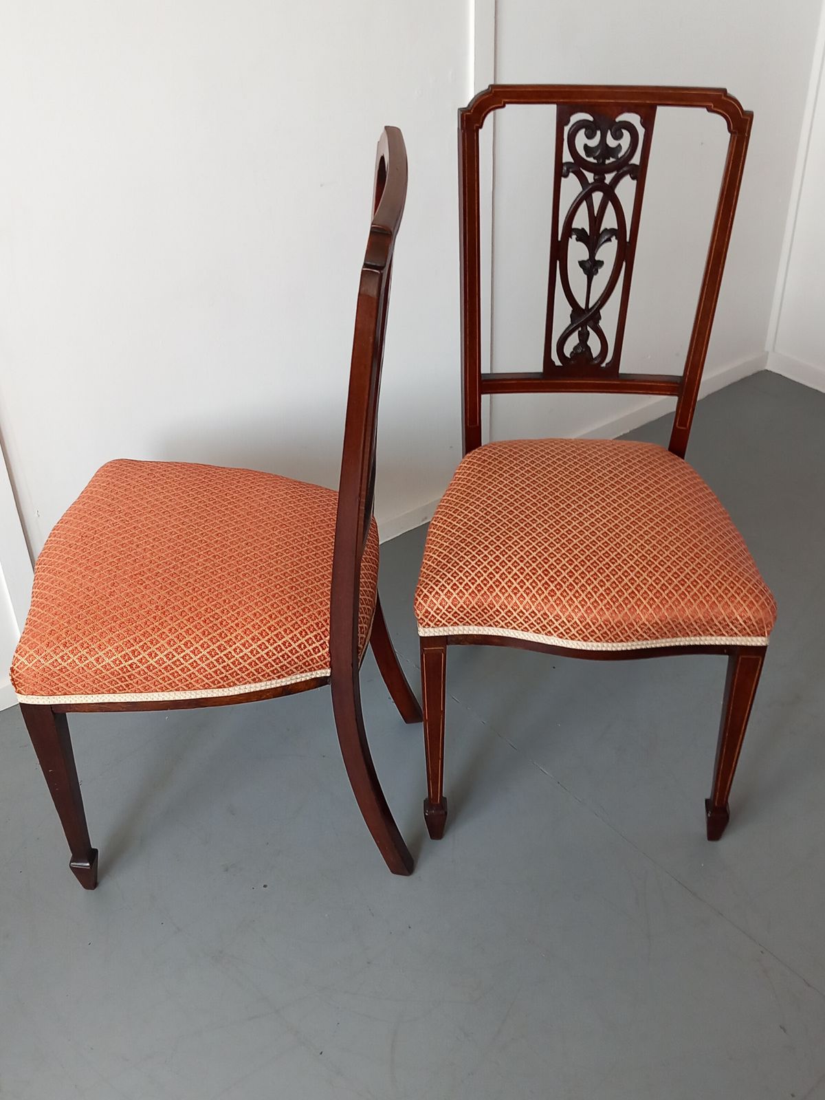 A Pair Of Edwardian Inlaid Mahogany Side Chairs photo for sale