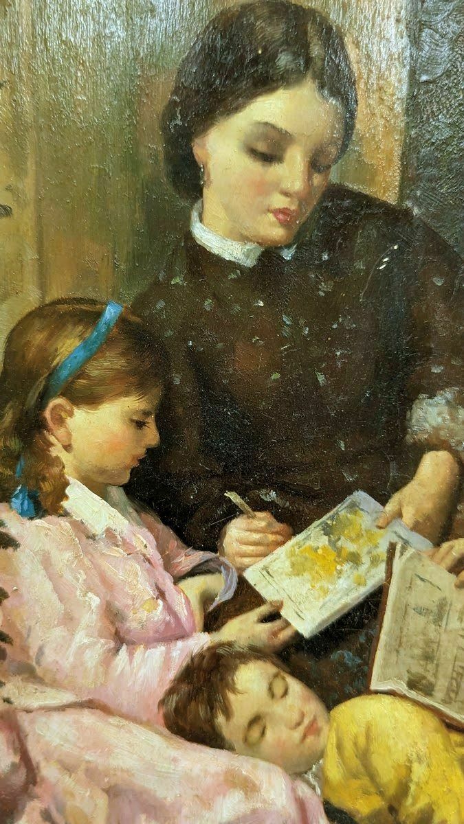 Portrait Of A Young Woman Reading To Children Oil On Wood, 20th photo furniture