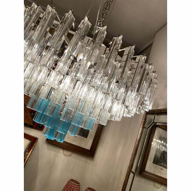 Contemporary Transparent And Ligh Blue Triedro Murano Glass Chandelier photo vintage
